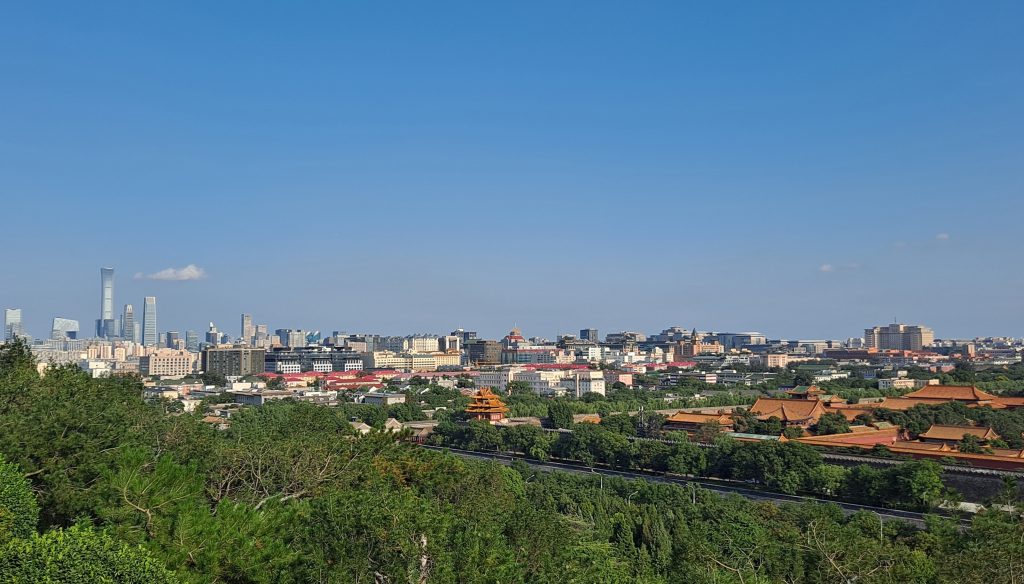Panoramic view over central Beijing from Jingshan Park hilltop pavilion