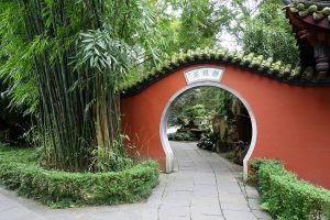 Traditional gateway and garden path at Chengdu’s Wuhou Shrine