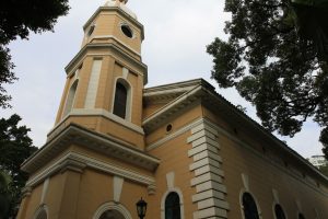 Historic church facade and street scene on Shamian Island, Guangzhou