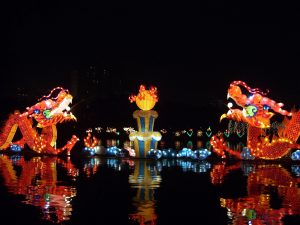 Mid-Autumn Festival lantern display with dragon figures at Longtan Lake in Beijing