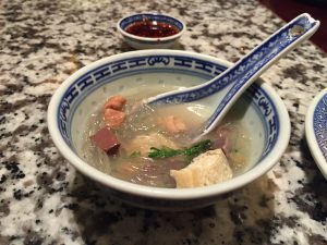 Small bowl of Nanjing duck blood and vermicelli soup