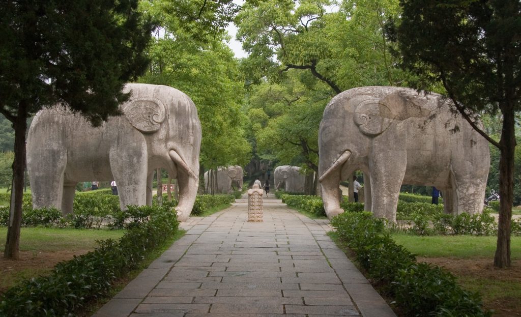 Spirit Way stone animals along the path at Ming Xiaoling Mausoleum in Nanjing