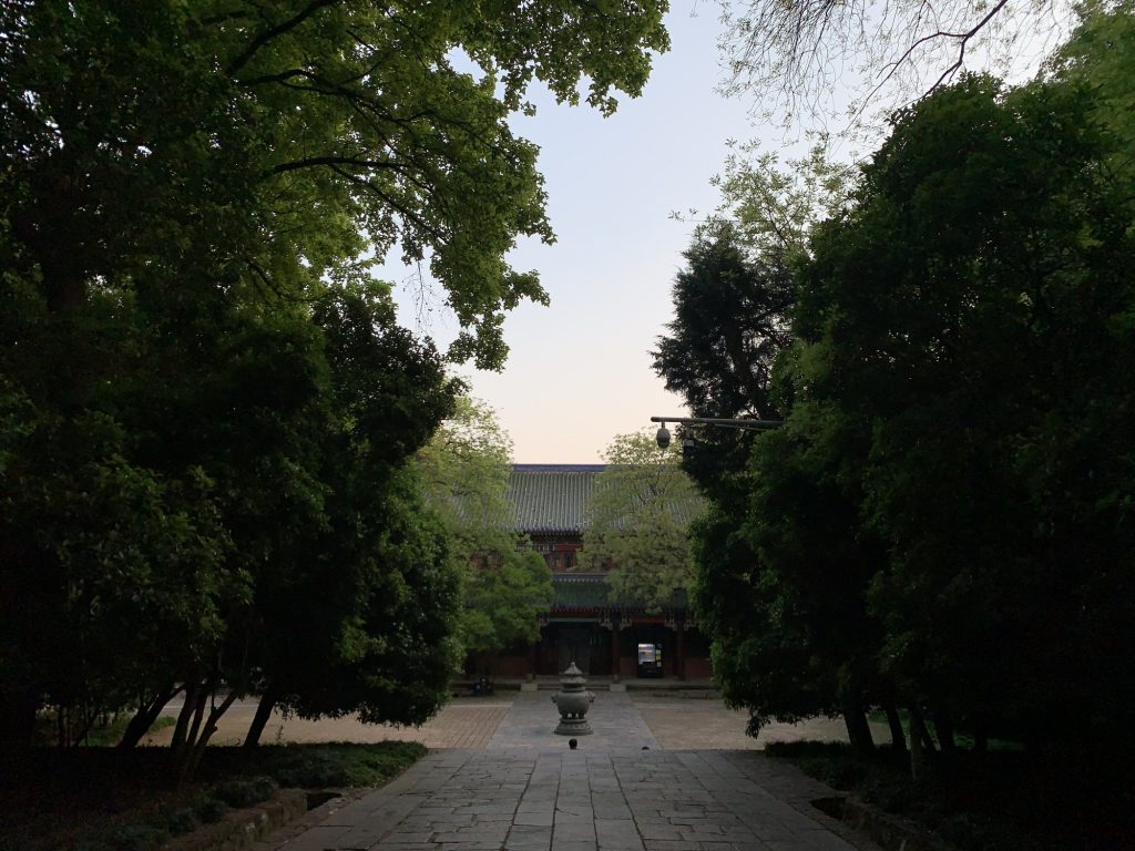 Tree-framed courtyard and green-tiled hall at Linggu Temple on Nanjing’s Purple Mountain