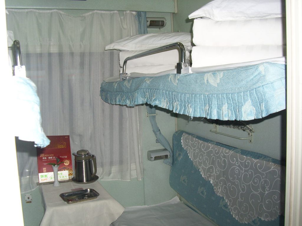 Soft sleeper compartment berths on a Chinese overnight train from Shanghai toward Xi'an