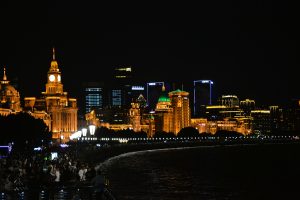 Night lights along the Huangpu River skyline from Shanghai’s Bund waterfront