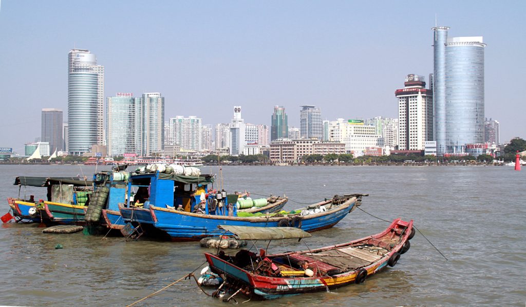 Xiamen skyline across the water from Gulangyu Island shoreline