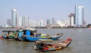Xiamen skyline across the water from Gulangyu Island shoreline