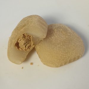 Cylinder of sticky rice rolled in soybean flour, Beijing-style lvdagun rolling donkey snack on a plate