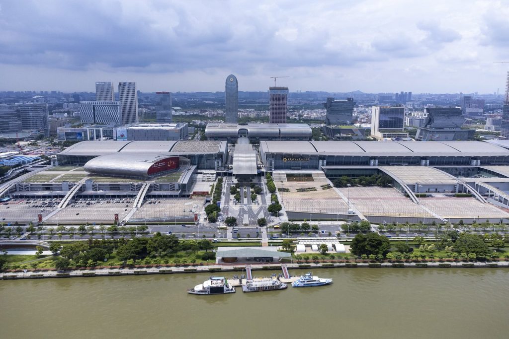 Aerial view of the Canton Fair Complex exhibition halls beside the Pearl River in Pazhou, Guangzhou