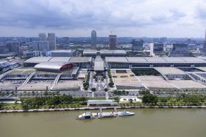 Aerial view of the Canton Fair Complex exhibition halls beside the Pearl River in Pazhou, Guangzhou