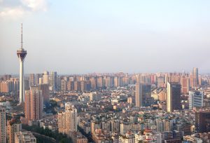 Chengdu city view with traditional and modern buildings under autumn light