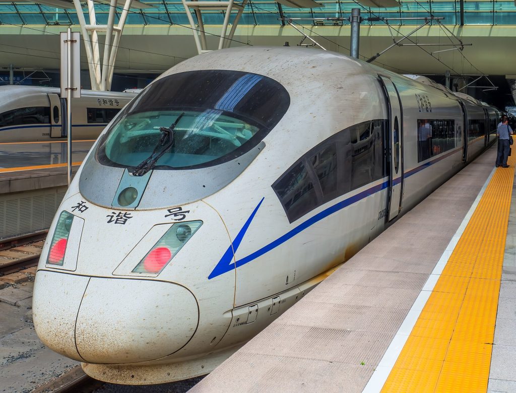 Chinese high-speed trains linking cities under clear sky