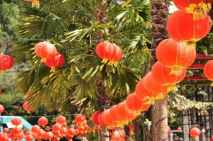 Festive red lanterns and holiday decorations in a Chinese city during a public holiday