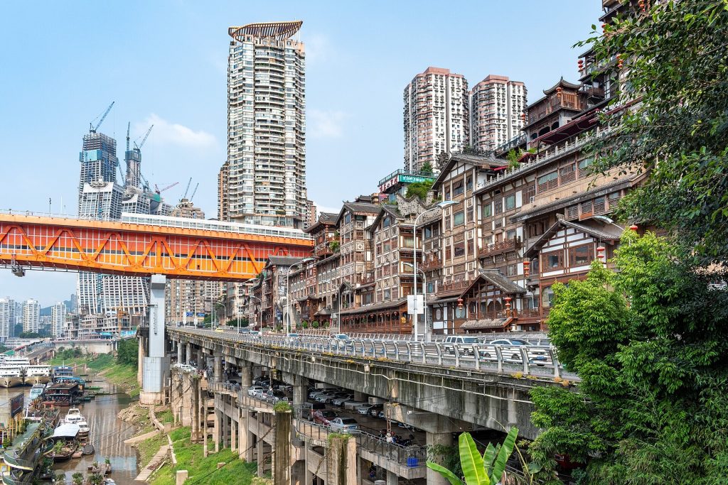 Hongya Cave multi-storey riverside building clinging to the cliff in Chongqing