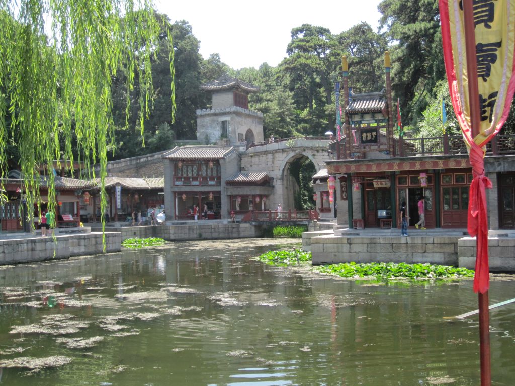 Covered Suzhou Street walkway inside Beijing Summer Palace on a clear day
