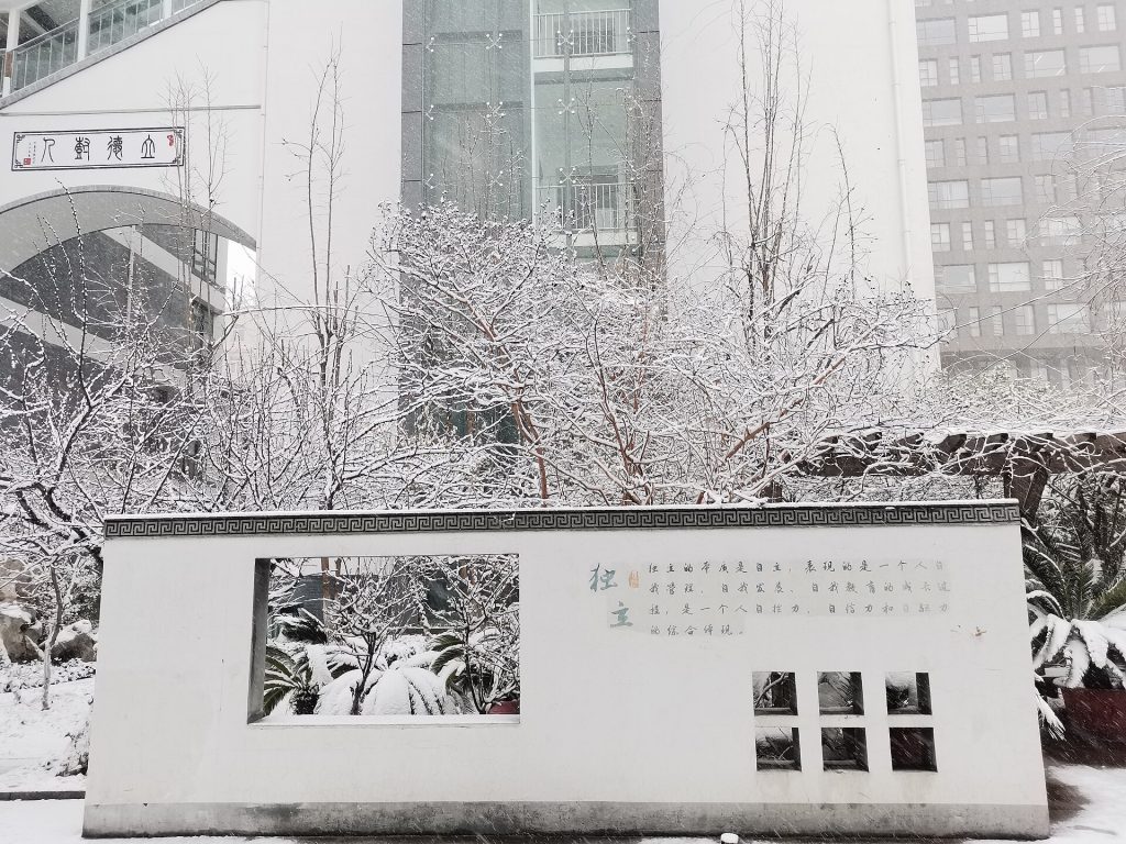 Snow-covered residential street in Beijing's Haidian District on a winter morning