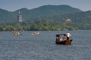Leifeng Pagoda seen across West Lake in Hangzhou on a clear day
