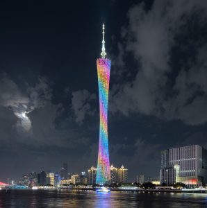 Guangzhou skyline along the Pearl River with Canton Tower in view