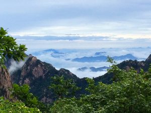 Sea of clouds swirling around the peaks of Huangshan (Yellow Mountain)