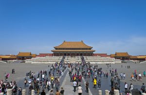 Visitors filling the courtyard before the Hall of Supreme Harmony in the Forbidden City, Beijing