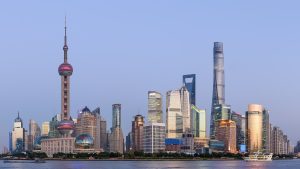Panorama of the Pudong skyline across the Huangpu River from the Bund in Shanghai