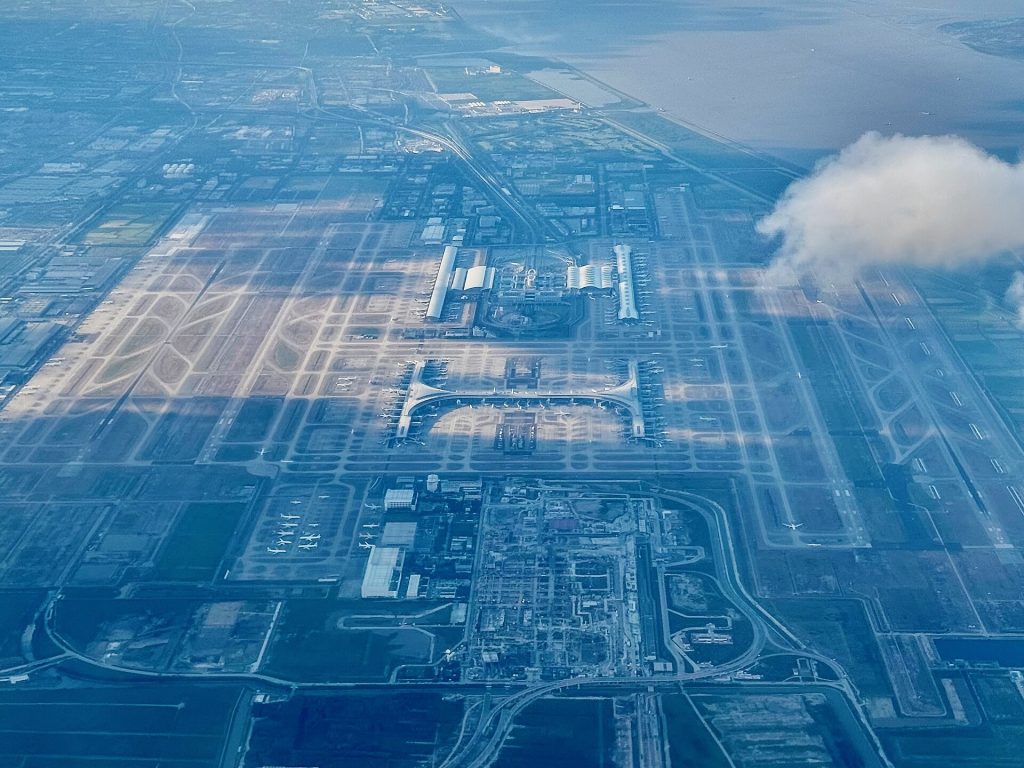 Shanghai Pudong International Airport terminal exterior daytime