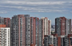 Residential apartment buildings in Tuofangying Nanli community in Beijing under a clear sky