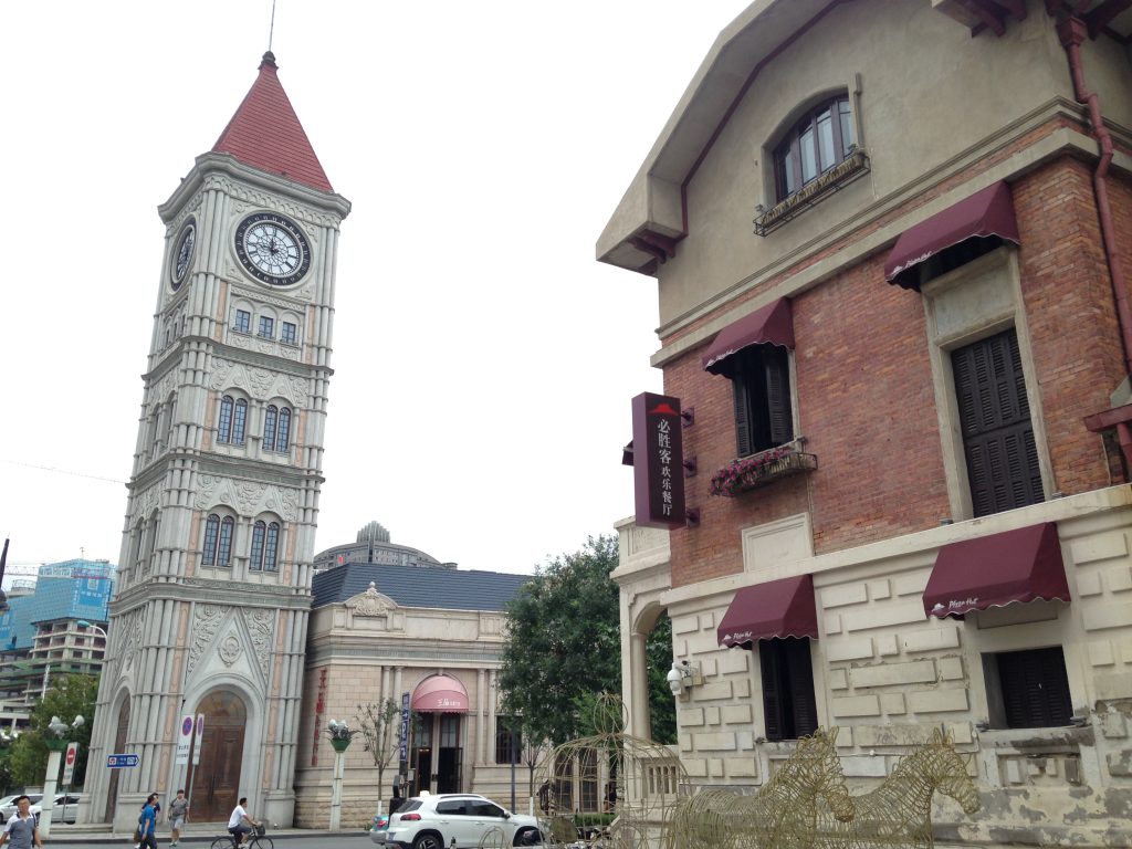 Clock tower and European-style streetscape in Tianjin’s Italian Style Town